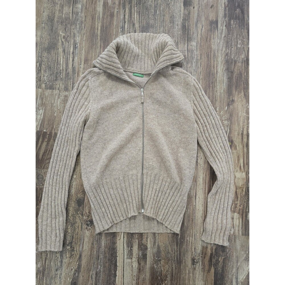 United Colors of Benetton 100% Pure Wool Zip Up Sweater Beige Made in Slovakia
